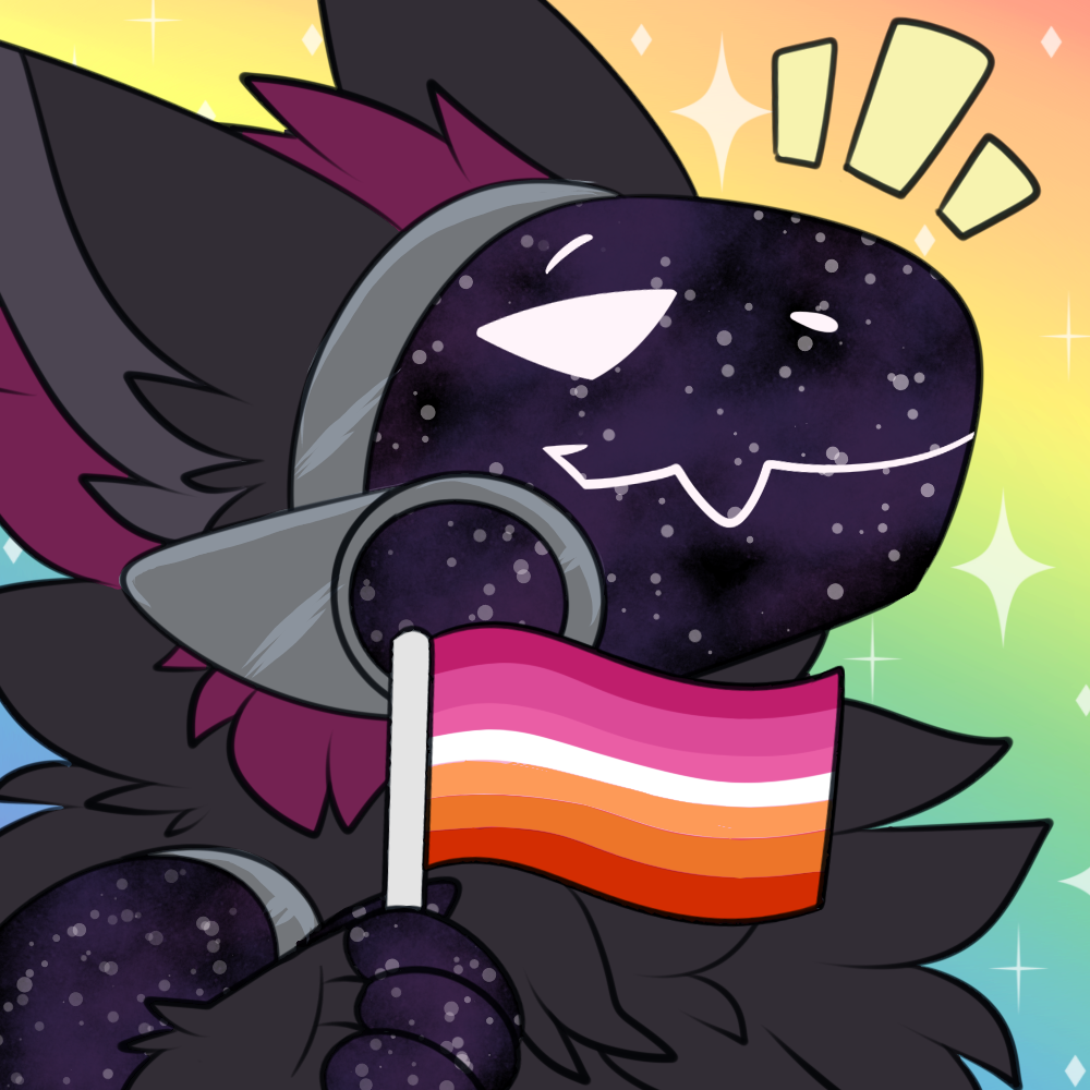 a galaxy protogen holding a lesbian flag and smirking